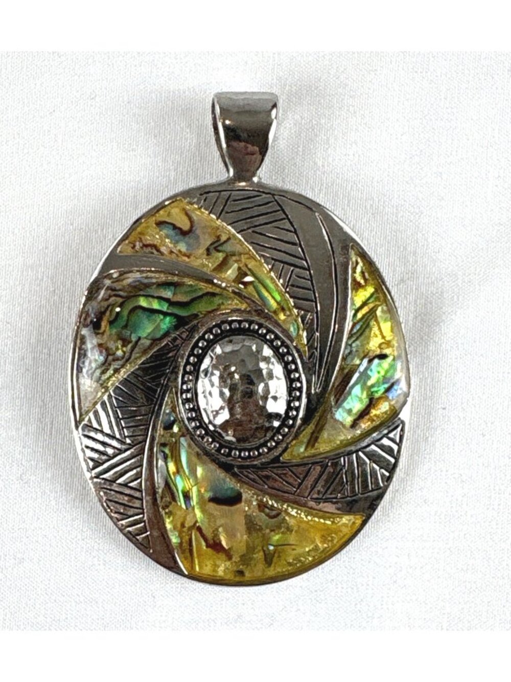Vintage Silver Oval Abalone Shell Statement Pendant Boho Geometric Southwestern